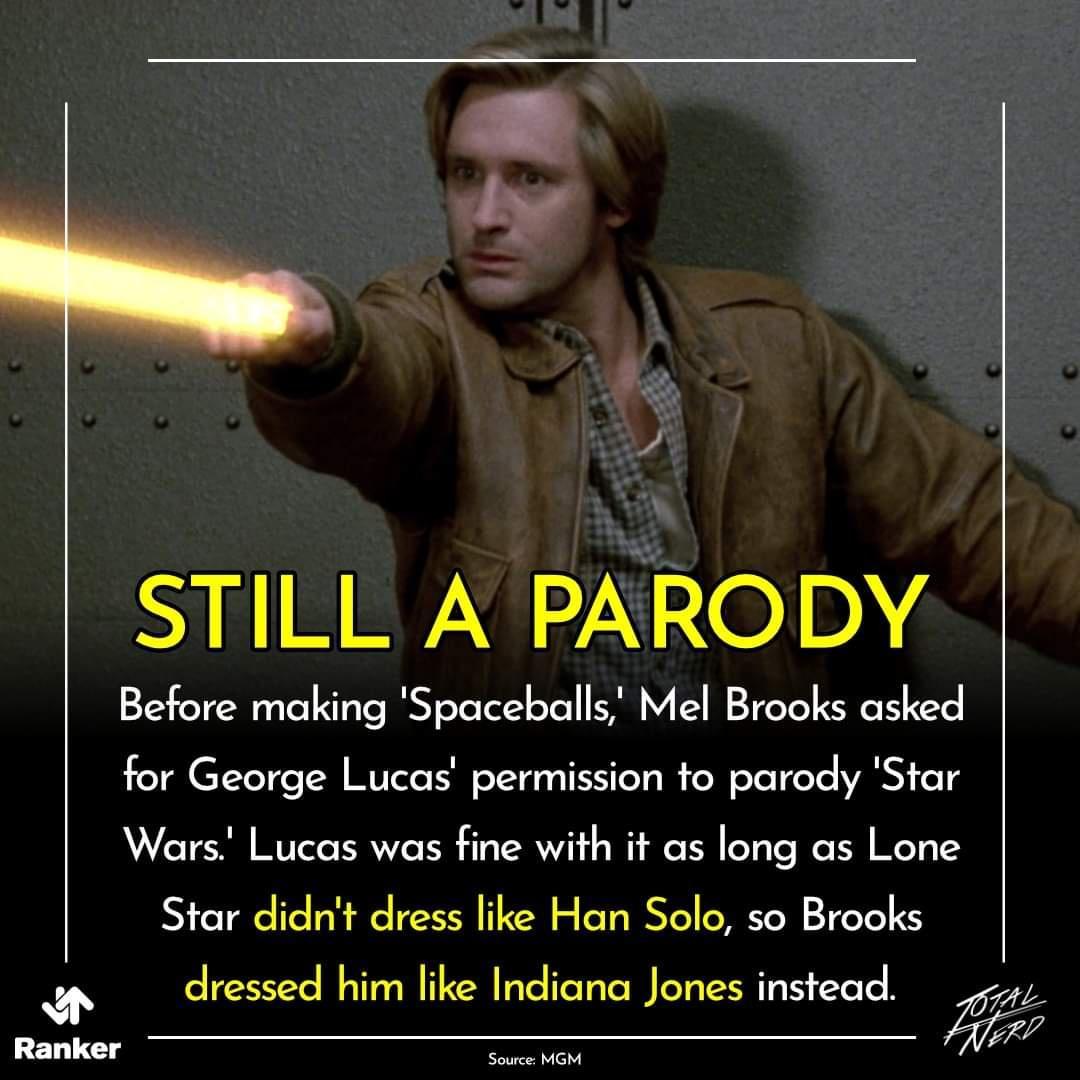 e STILL APARODY Before making Spaceballs Mel Brooks asked for George Lucas permission to parody Star Wars Lucas was fine with it as long as Lone Star didnt dress like Han Solo so Brooks dressed him like Indiana Jones instead 7 Vo