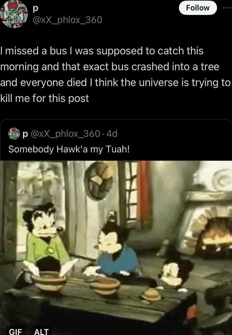 xX_phlox_360 I missed a bus was supposed to catch this morning and that exact bus crashed into a tree and everyone died think the universe is trying to kill me for this post p xX_phlox_360 4d Somebody Hawka my Tuah