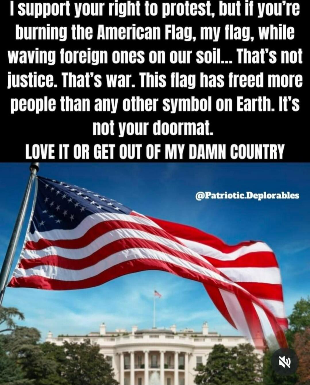 I support your right to protest, but if you’re burning the American Flag, my flag, while waving foreign ones on our soil... That’s not justice. That’s war. This flag has freed more people than any other symbol on Earth. It’s not your doormat. LOVE IT OR GET OUT OF MY DAMN COUNTRY @Patriotic_Deplorables