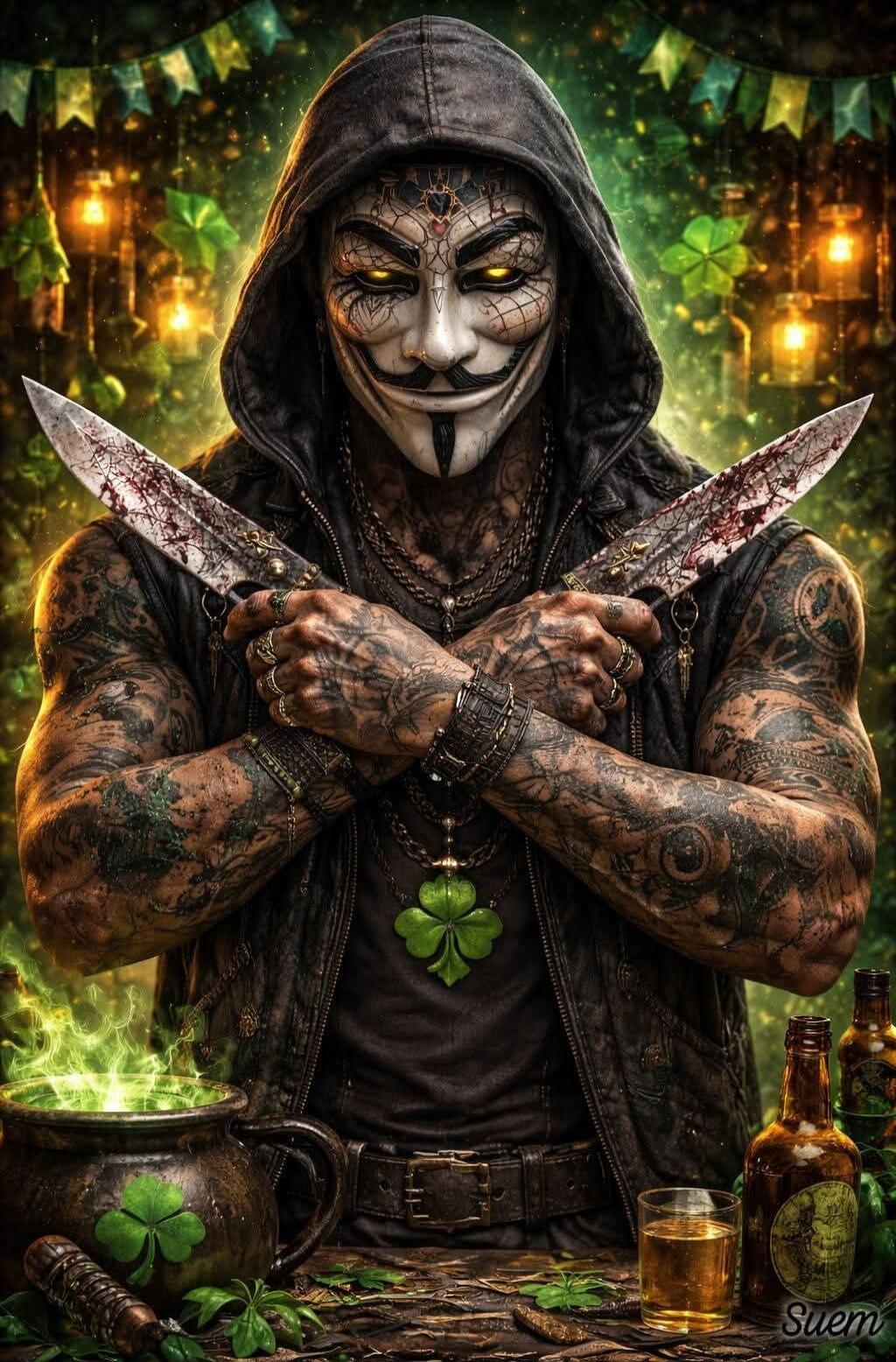 A tattooed person in a hooded cloak with a mask, holding two bloody knives crossed in front of their chest. There are green shamrocks, a glowing cauldron, bottles, and a mug on the table, giving a dark, Halloween vibe.