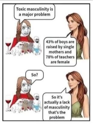 Toxic masculinity is a major problem. 43% of boys are raised by single mothers and 78% of teachers are female. So? So it's actually a lack of masculinity that's the problem.