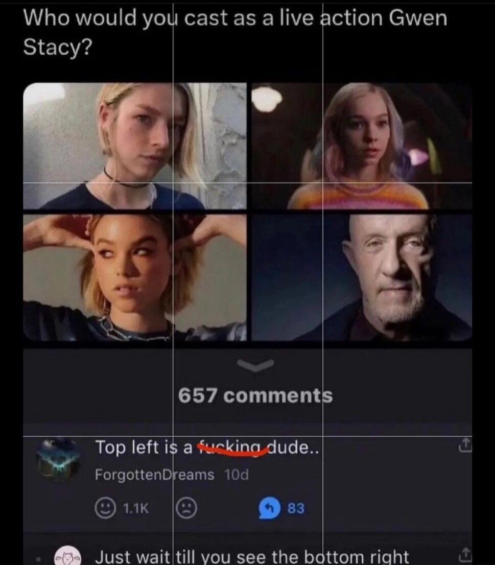 Who would you cast as a live action Gwen Stacy? Top left is a fucking dude.. Just wait till you see the bottom right