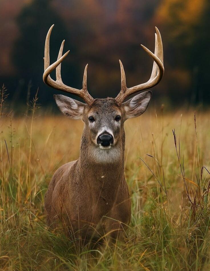 Deer in a grassy field with large antlers.