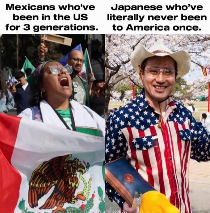 Mexicans who've been in the US for 3 generations. Japanese who've literally never been to America once.