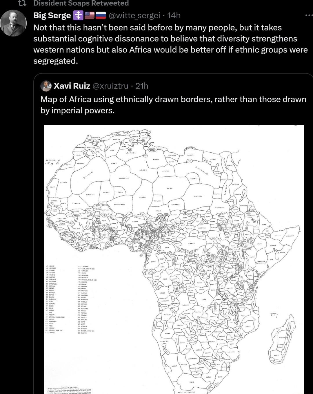 Big Sergo B8 Not that this hasnt been said before by many people but it takes substantial cognitive dissonance to believe that diversity strengthens western nations but also Africa would be better off f ethnic groups were Map of Africa using ethnically drawn borders rather than those drawn by imperial powers