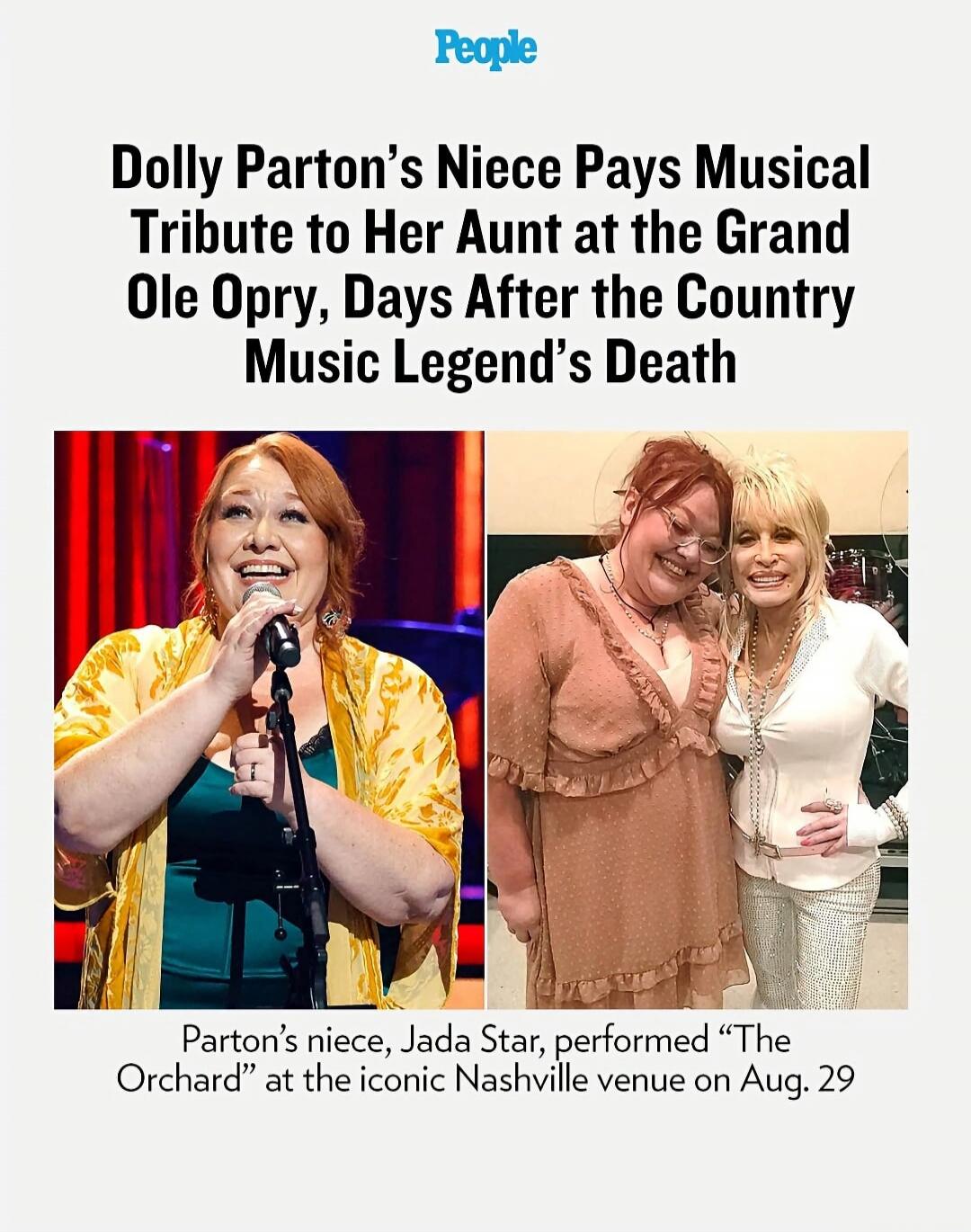 Dolly Parton's Niece Pays Musical Tribute to Her Aunt at the Grand Ole Opry, Days After the Country Music Legend's Death. Parton's niece, Jada Star, performed 