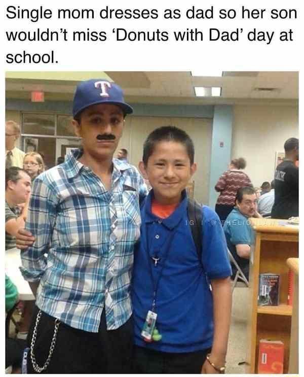 Single mom dresses as dad so her son wouldnt miss Donuts with Dad day at school