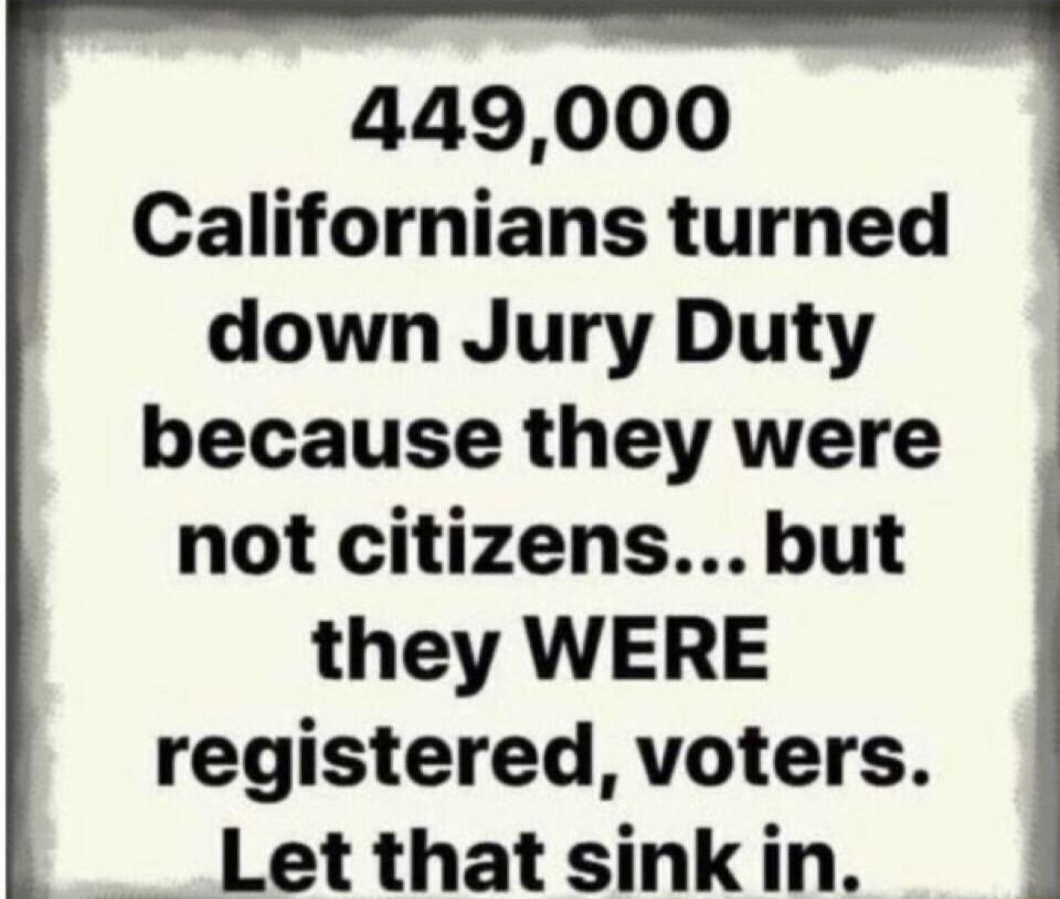 449000 Californians turned down Jury Duty because they were not citizens but they WERE registered voters Let that sinkin