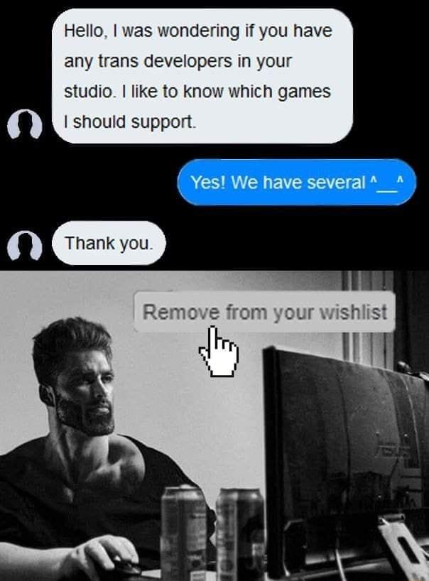 Hello was wondering if you have any trans developers in your studio like to know which games should support Yes We have several _ o I