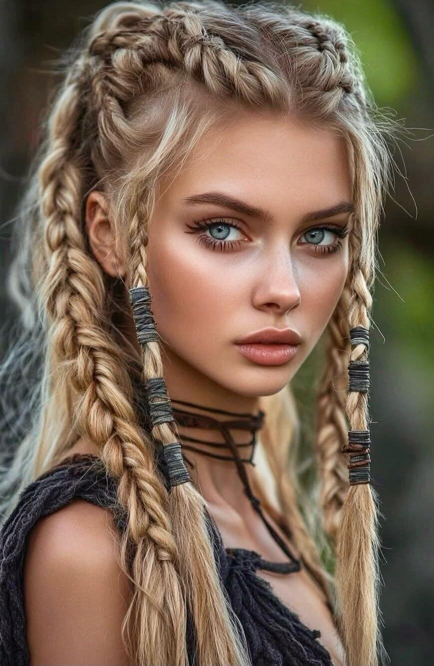 Portrait of a blonde woman with braided hair and blue eyes.