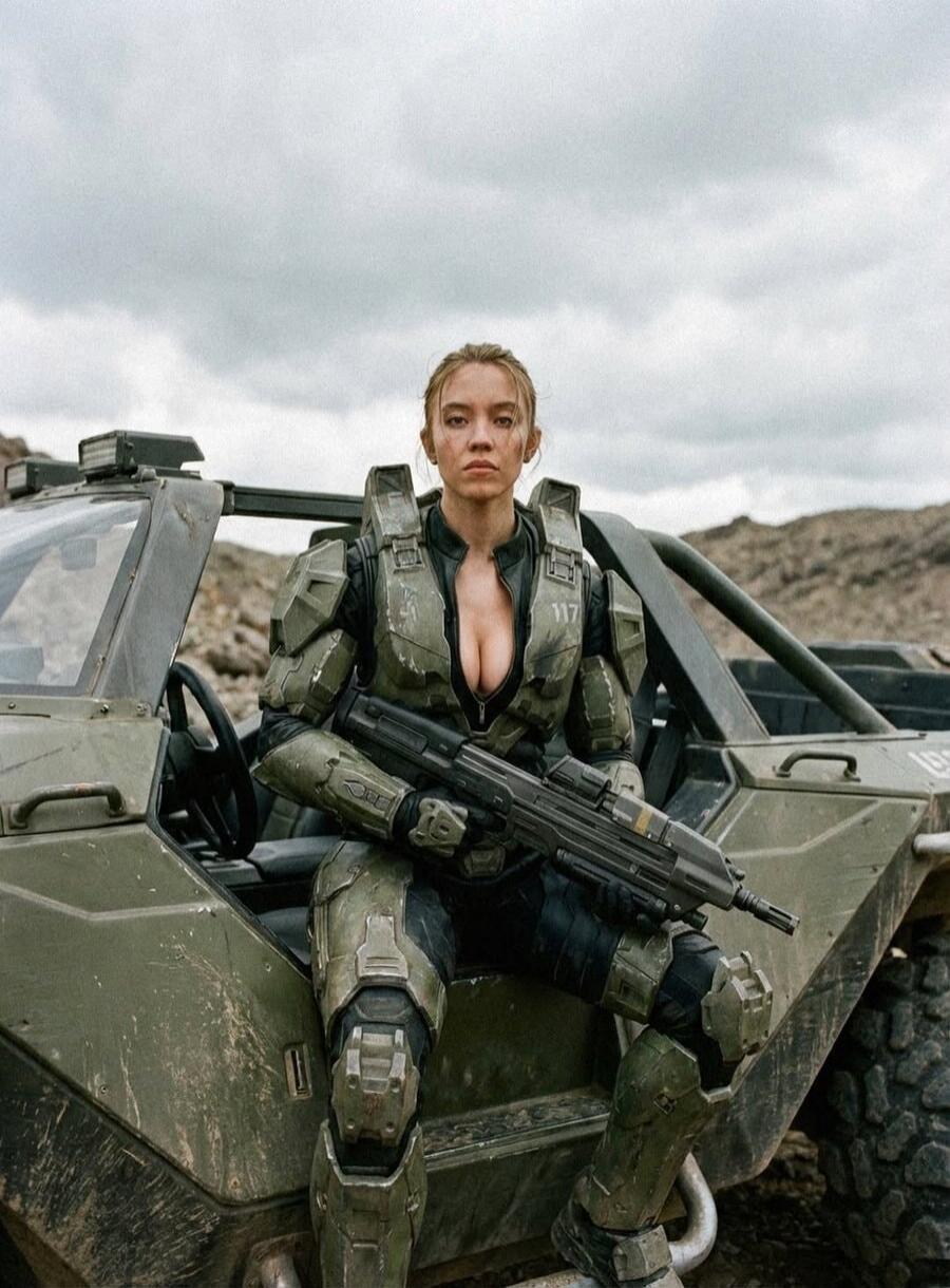 A woman in green battle armor sits on a military off-road vehicle, holding a large rifle. The scene appears to be a desert or rocky landscape.