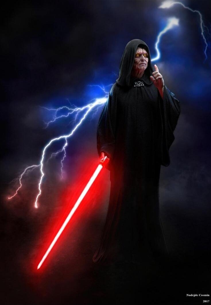 Emperor Palpatine, also known as Darth Sidious, stands in his iconic black hooded robe, holding a red lightsaber. Blue lightning flashes dramatically in the background, hinting at his powerful Force lightning abilities. His face is visible, showing his aged, scarred features and glowing yellow Sith eyes. The image captures a menacing and powerful p