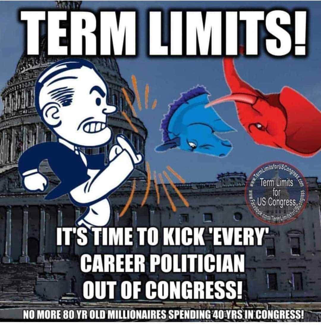 TERM LIMITS aslortse F ar e limits 3 for US Conaress ITSTIMETO KICK EVERY CAREER POLITICIAN _ OUT OF CONGRESS Nll MORE 80 YR OLD MILLIONAIRES SPENDING 40YRS IN cmmntssr X