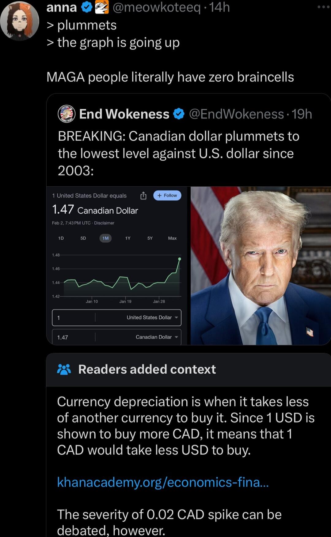 ELLER RN RO G Ry plummets the graph is going up MAGA people literally have zero braincells End Wokeness EndWokeness 19h BREAKING Canadian dollar plummets to the lowest level against US dollar since ploloch s s ooty QD 147 canadian Dollar 7 Readers added context Currency depreciation is when it takes less of another currency to buy it Since 1USD is shown to buy more CAD it means that 1 CAD would ta