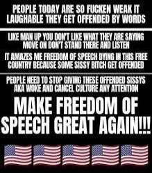 PEOPLE TODAY ARE SO FUCKEN WEAK IT LAUGHABLE THEY GET OFFENDED BY WORDS LIKE MAN UP YOU DON'T LIKE WHAT THEY ARE SAYING MOVE ON DON'T STAND THERE AND LISTEN IT AMAZES ME FREEDOM OF SPEECH DYING IN THIS FREE COUNTRY BECAUSE SOME SISSY BITCH GET OFFENDED PEOPLE NEED TO STOP GIVING THESE OFFENDED SISSYS AKA WOKE AND CANCEL CULTURE ANY ATTENTION MAKE F