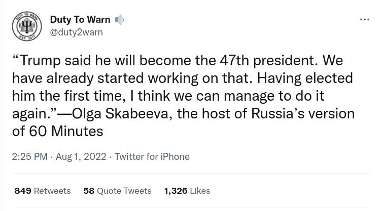 Duty To W coon Trump said he will become the 47th president We have already started working on that Having elected him the first time think we can manage to do it againOlga Skabeeva the host of Russias version of 60 Minutes 225PM Aug 1 2022 Twitter for Phone 848 Rotwoots 38 Quoto Tweots 1328 Likes