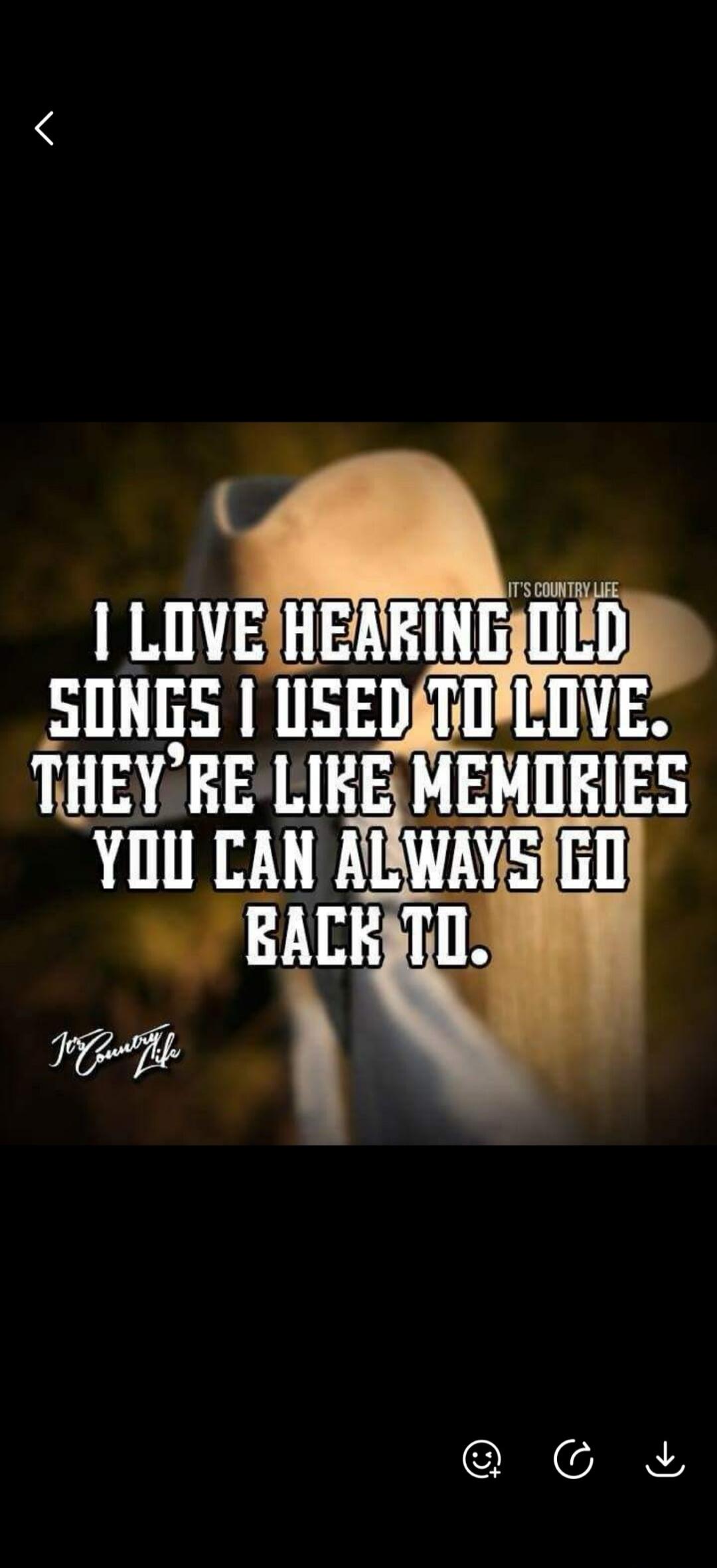I LOVE HEARING OLD SONGS I USED TO LOVE. THEY'RE LIKE MEMORIES YOU CAN ALWAYS GO BACK TO. IT'S COUNTRY LIFE.