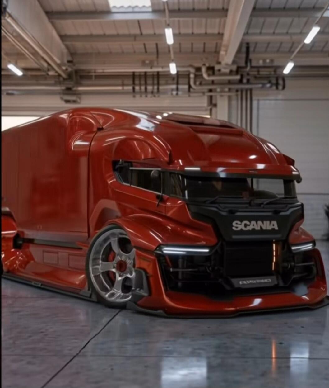 SCANIA. A highly customized, futuristic red Scania truck with a very low profile and large chrome wheels, parked in what appears to be a garage or workshop.