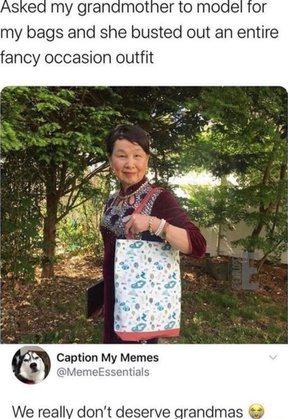 my granamother to moael for my bags and she busted out an entire fancy occasion outfit Caption My Memes MemeEssential We really dont deserve arandmas