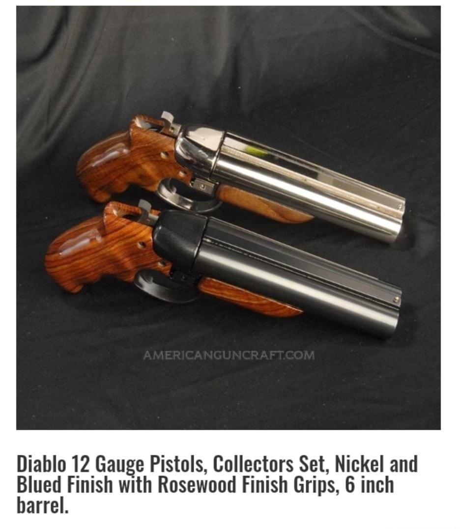 Diablo 12 Gauge Pistols Collectors Set Nickel and EluedFinish with Rosewood Finish Grips 6 inch arrel