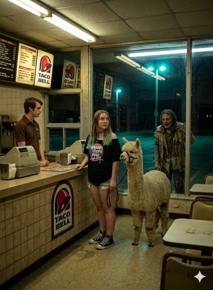 A young woman with an alpaca on a leash stands at the counter of a Taco Bell restaurant at night, while a zombie-like figure peers in through the window from outside. A male employee is behind the counter. Taco Bell logos are visible, and the woman's shirt has 'Grand Theft Auto' text.