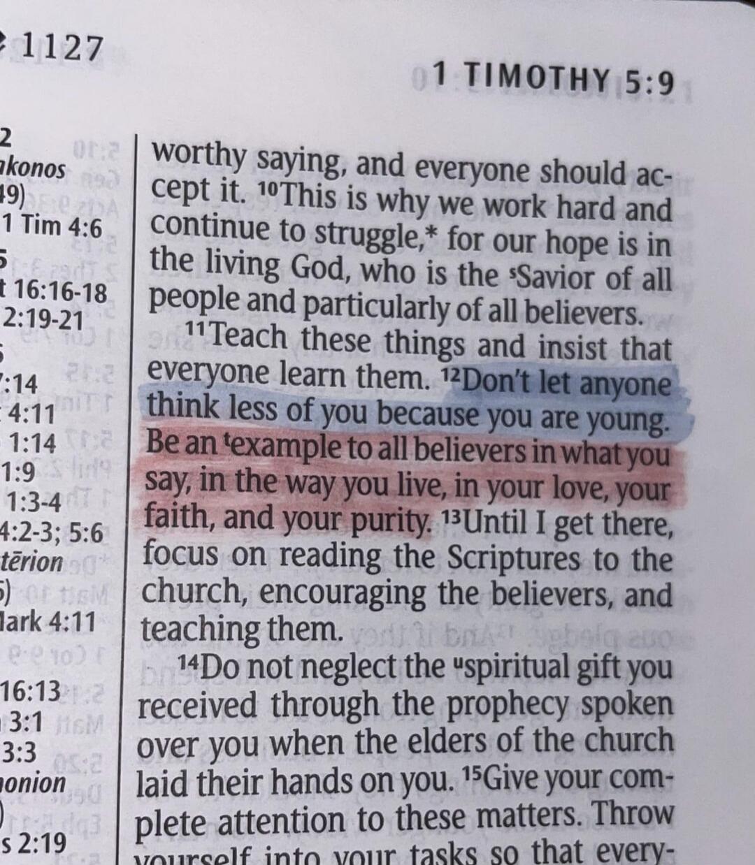 worthy saying, and everyone should accept it. This is why we work hard and continue to struggle, for our hope is in the living God, who is the Savior of all people and particularly of all believers. Teach these things and insist that everyone learn them. Don't let anyone think less of you because you are young. Be an example to all believers in wha