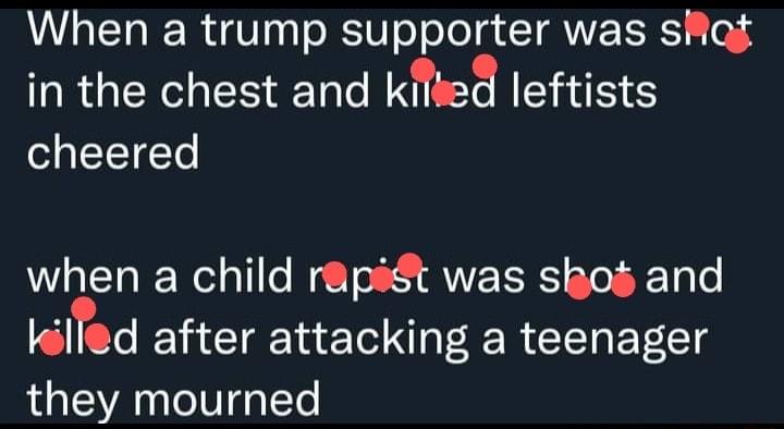 When a trump supporter was sRqi in the chest and kba leftists cheered when a child rapit was shos and Iolrod after attacking a teenager they mourned