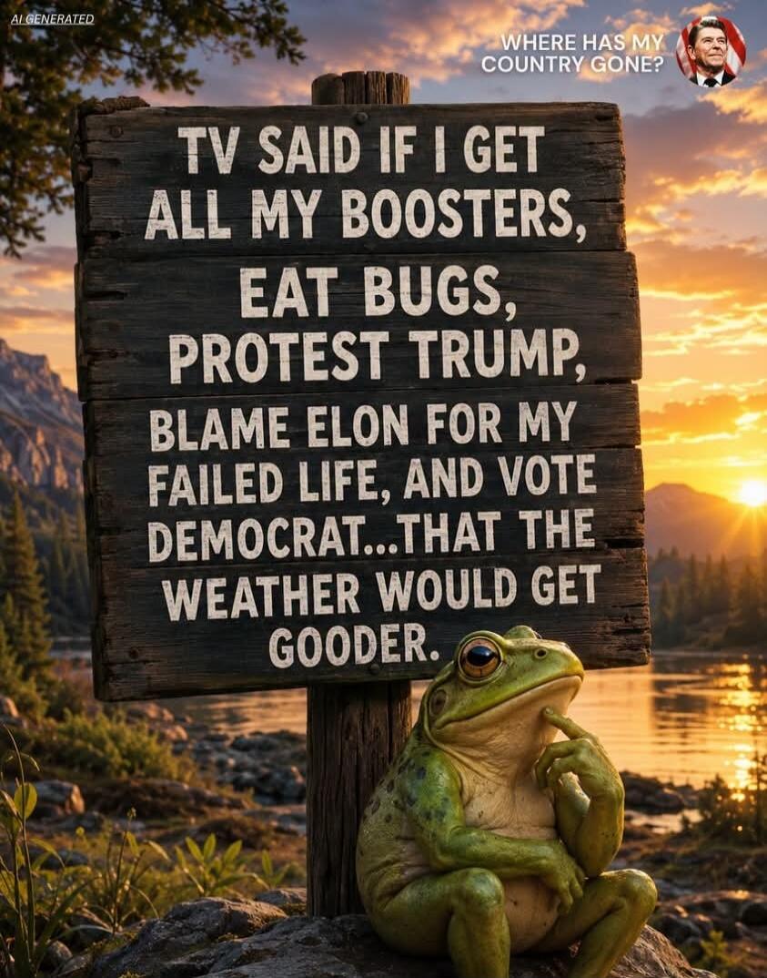 AI GENERATED. WHERE HAS MY COUNTRY GONE? TV SAID IF I GET ALL MY BOOSTERS, EAT BUGS, PROTEST TRUMP, BLAME ELON FOR MY FAILED LIFE, AND VOTE DEMOCRAT...THAT THE WEATHER WOULD GET GOODER.