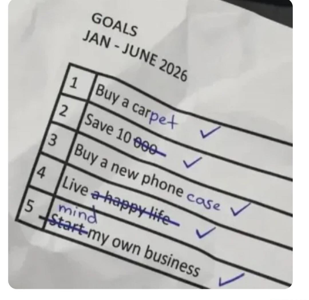 GOALS JAN - JUNE 2026 1 Buy a carpet (checked) 2 Save 10 000 (checked) 3 Buy a new phone case (checked) 4 Live a happy life (checked) 5 Start my own business (checked)