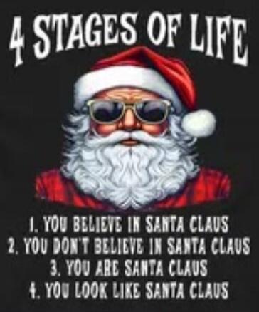 4 STAGES OF LIFE
1. YOU BELIEVE IN SANTA CLAUS
2. YOU DON'T BELIEVE IN SANTA CLAUS
3. YOU ARE SANTA CLAUS
4. YOU LOOK LIKE SANTA CLAUS