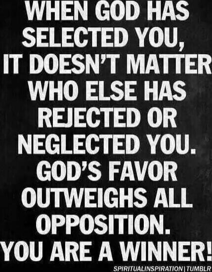 When God has selected you, it doesn't matter who else has rejected or neglected you. God's favor outweighs all opposition. You are a winner!