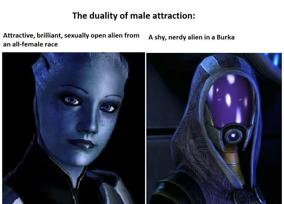 The duality of male attraction Attractive brilliant sexually open alien from A shy nerdy alien in a Burka an all female race