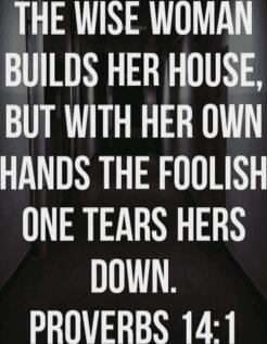 THE WISE WOMAN BUILDS HER HOUSE, BUT WITH HER OWN HANDS THE FOOLISH ONE TEARS HER DOWN. PROVERBS 14:1
