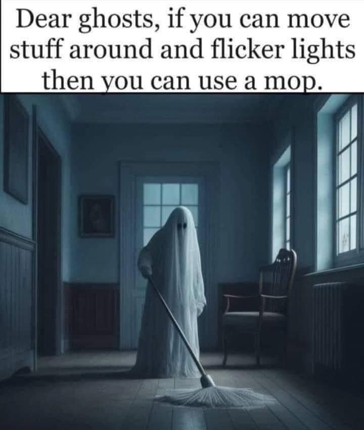 Dear ghosts, if you can move stuff around and flicker lights then you can use a mop.