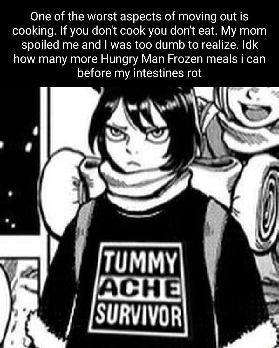 One of the worst aspects of moving out is cooking If you dont cook you dont eat My mom spoiled me and was too dumb to realize Idk how many more Hungry Man Frozen meals i can before my intestines rot