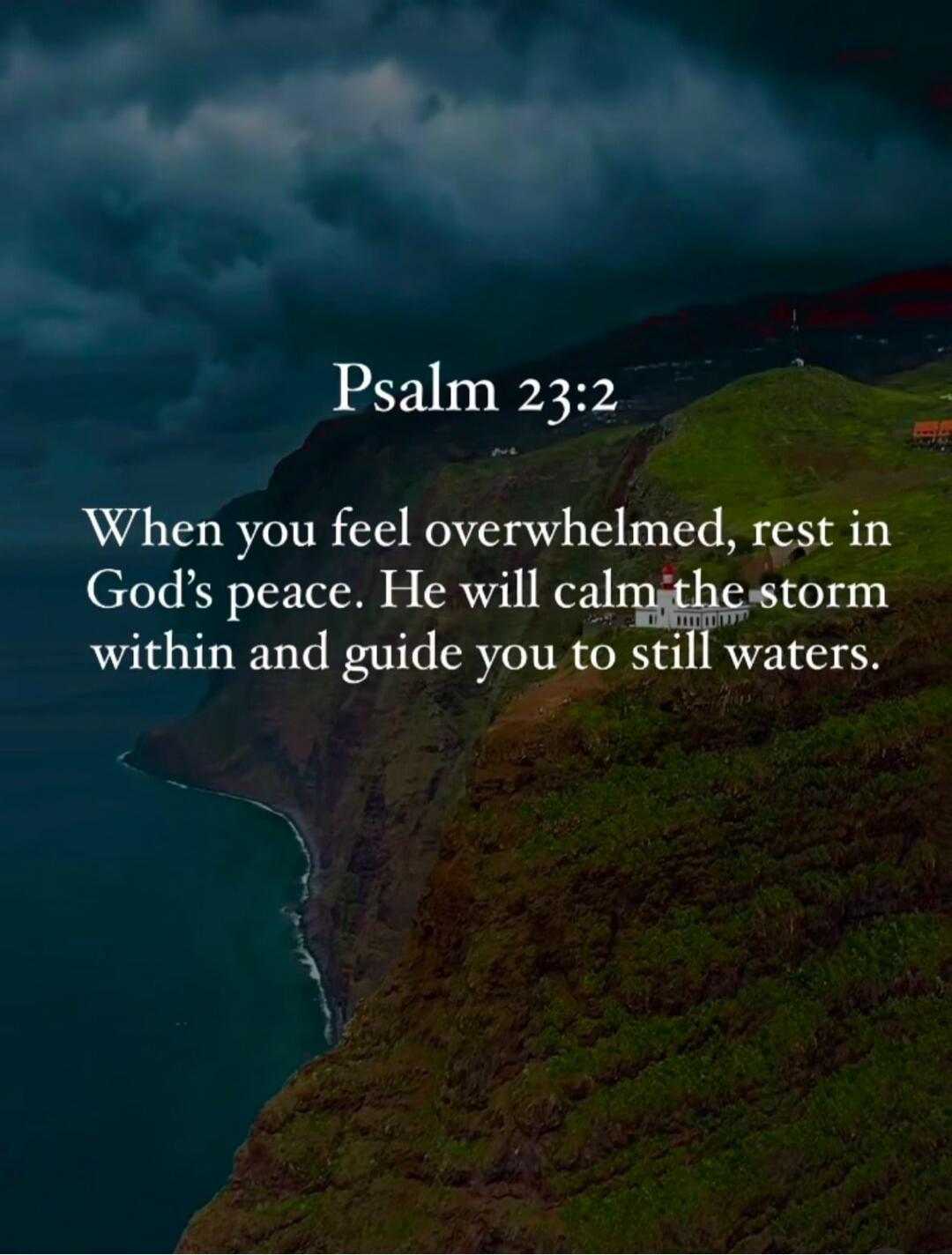 Psalm 23:2 When you feel overwhelmed, rest in God's peace. He will calm the storm within and guide you to still waters.