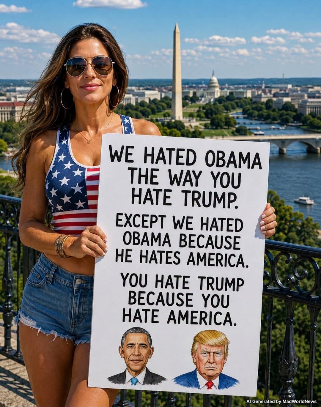 WE HATED OBAMA THE WAY YOU HATE TRUMP. EXCEPT WE HATED OBAMA BECAUSE HE HATES AMERICA. YOU HATE TRUMP BECAUSE YOU HATE AMERICA. AI Generated by MadWorldNews