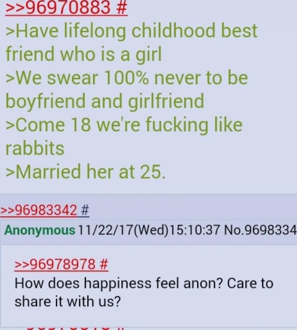 Have lifelong childhood best friend who is a girl. We swear 100% never to be boyfriend and girlfriend. Come 18 we're fucking like rabbits. Married her at 25. How does happiness feel anon? Care to share it with us?