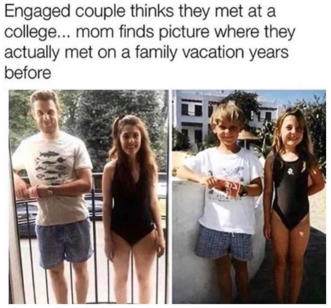Engaged couple thinks they met at a college... mom finds picture where they actually met on a family vacation years before
