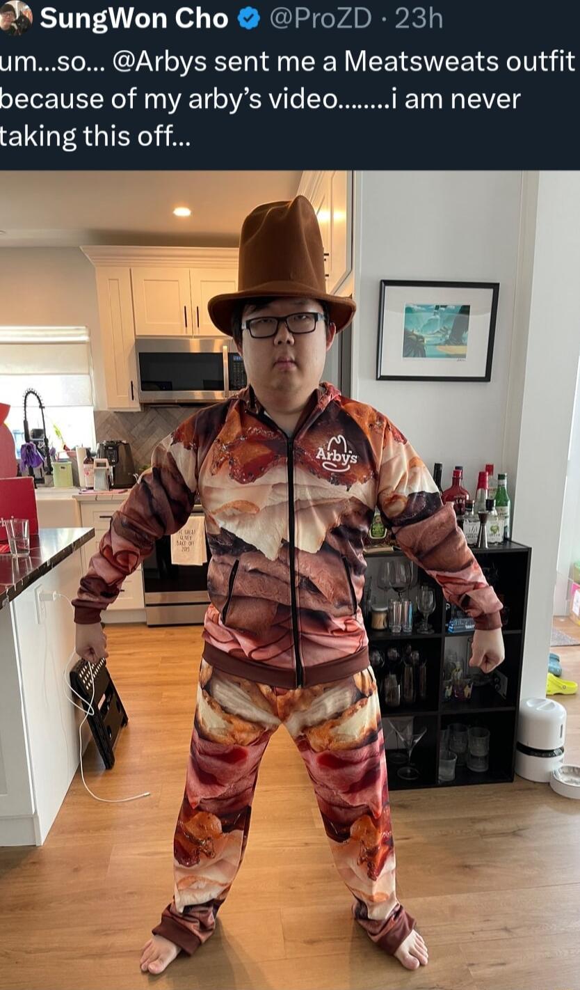 N SungWon Cho ProZD 23h Ums0 Arbys sent me a Meatsweats outfit because of my arbys videoi am never taking this off