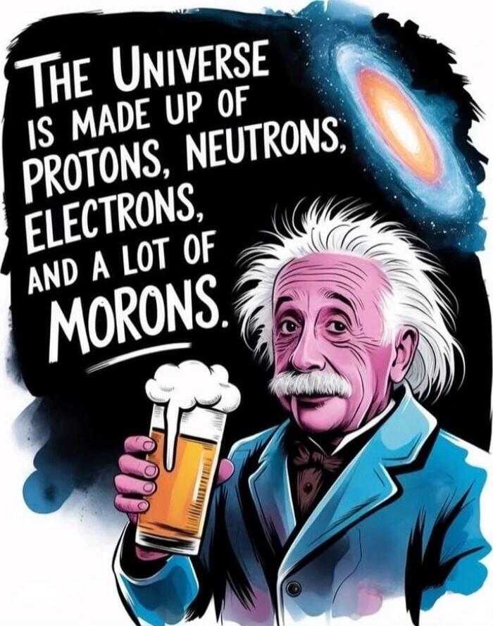 THE UNIVERSE IS MADE UP OF PROTONS, NEUTRONS, ELECTRONS, AND A LOT OF MORONS.