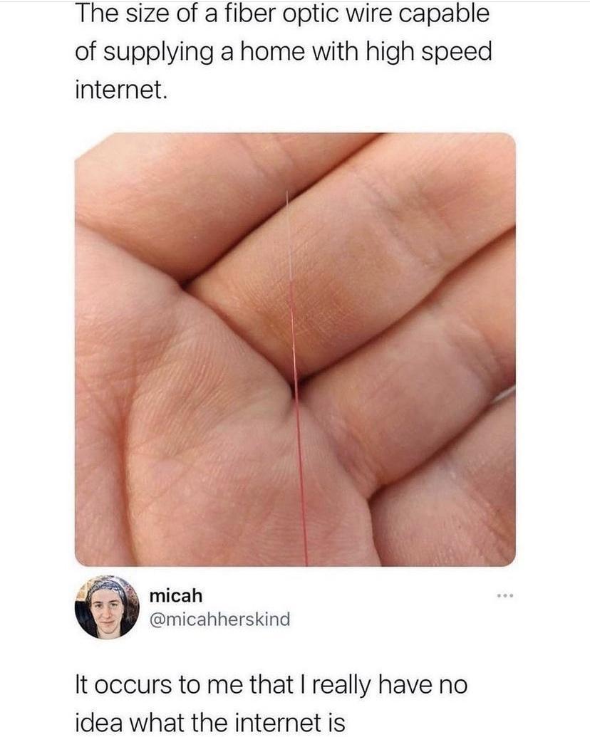 The size of a fiber optic wire capable of supplying a home with high speed internet 8 micah micahherskind It occurs to me that really have no idea what the internet is
