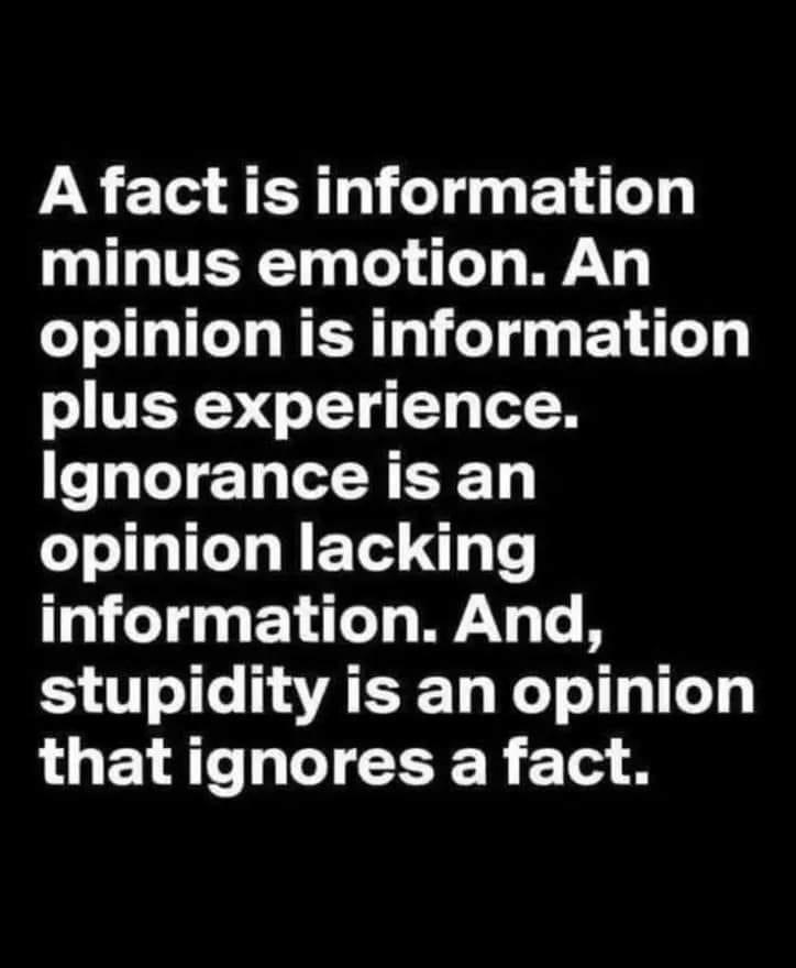 A fact is information minus emotion An opinion is information plus experience Ignoranceis an opinion lacking information And oI AVATE T el o T 1y 1o that ignores a fact