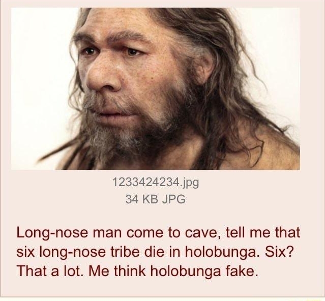i Anonymous ID ENE 112617Sun044709 No150954924 1233424234jpg 34KB JPG Long nose man come to cave tell me that six long nose tribe die in holobunga Six That a lot Me think holobunga fake