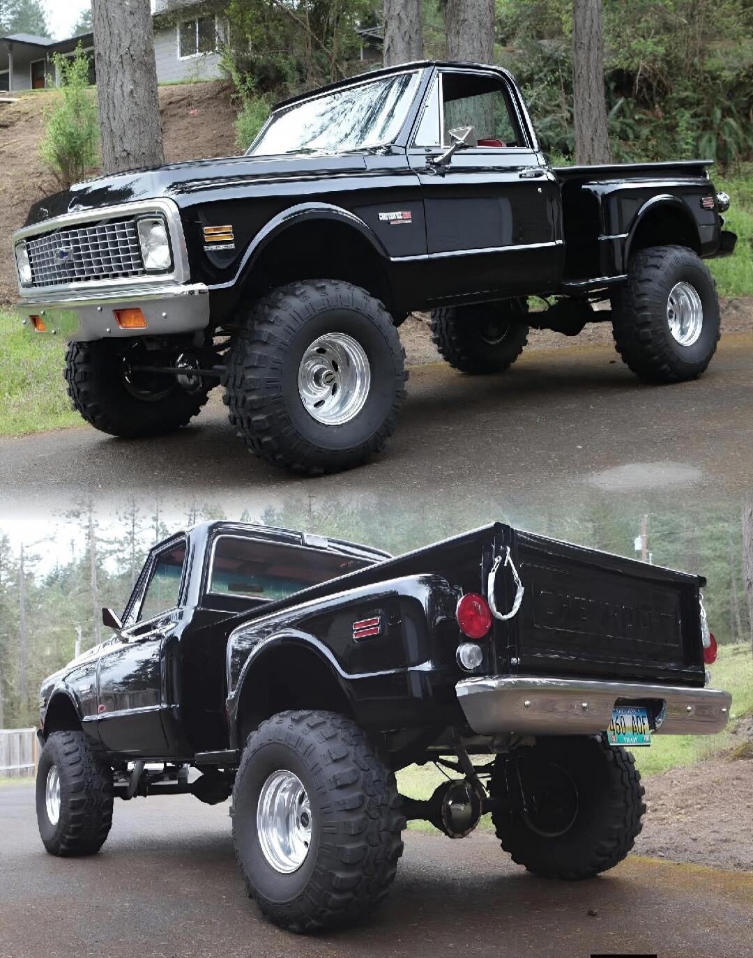 A black lifted vintage pickup truck with oversized mud-terrain tires, displayed from two angles in a wooded driveway.