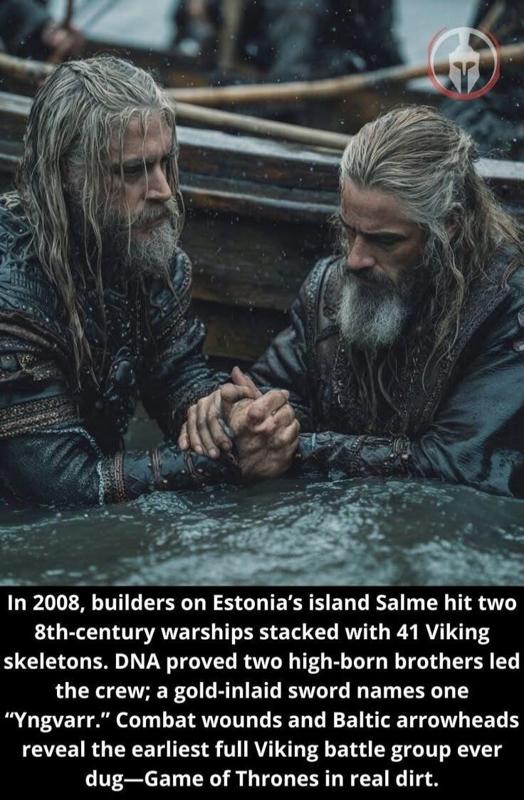 In 2008, builders on Estonia's island Salme hit two 8th-century warships stacked with 41 Viking skeletons. DNA proved two high-born brothers led the crew; a gold-inlaid sword names one “Yngvarr.” Combat wounds and Baltic arrowheads reveal the earliest full Viking battle group ever dug—Game of Thrones in real dirt.