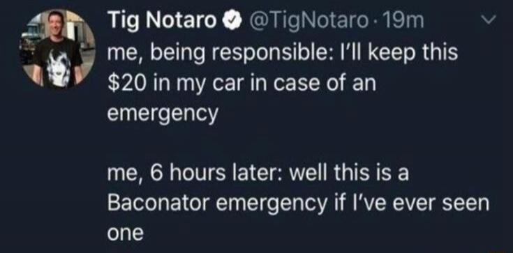 Tig Notaro @TigNotaro · 19m me, being responsible: I'll keep this $20 in my car in case of an emergency me, 6 hours later: well this is a Baconator emergency if I've ever seen one
