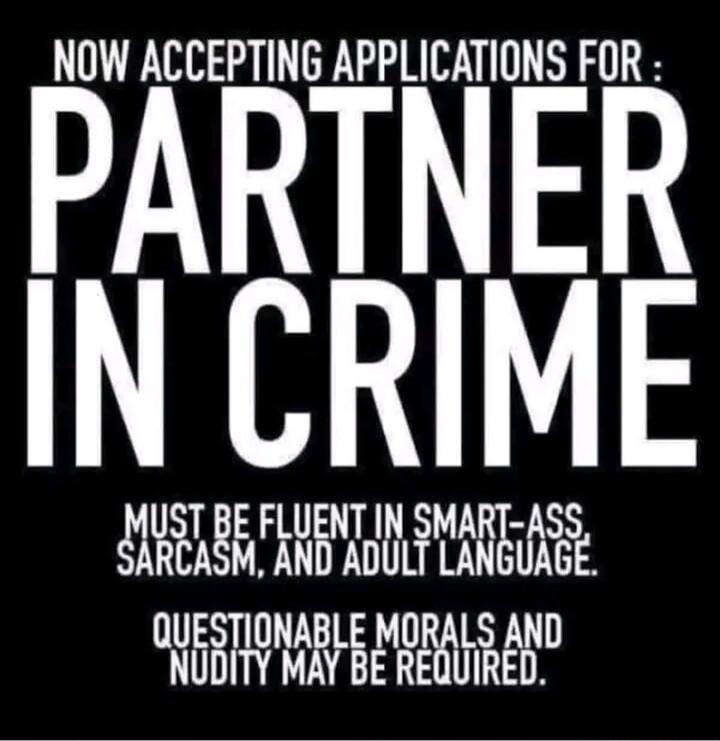 NOW ACCEPTING APPLICATIONS FOR: PARTNER IN CRIME MUST BE FLUENT IN SMART-ASS, SARCASM, AND ADULT LANGUAGE. QUESTIONABLE MORALS AND NUDITY MAY BE REQUIRED.