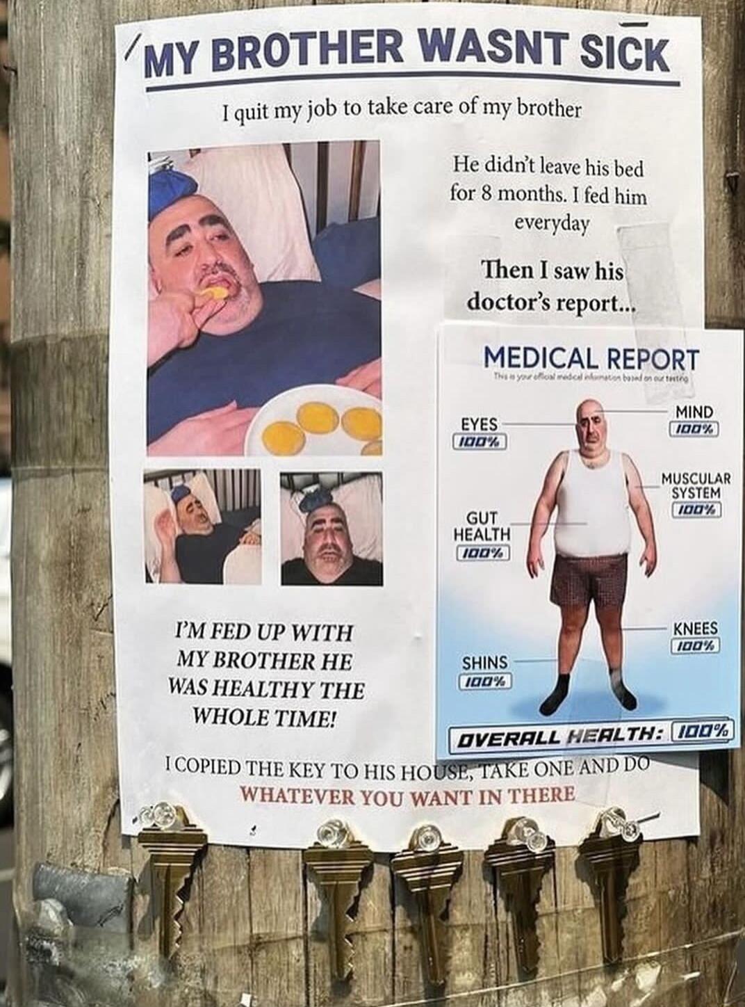 He didnt leave his bed for 8 months T fed him everyday Then saw his doctors report MEDICAL REPORT Muscun E 4 s he IM FED UP WITH MY BROTHER HE WAS HEALTHY THE WHOLE TIME