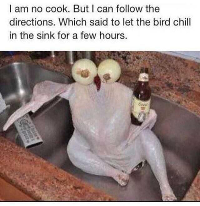 I am no cook. But I can follow the directions. Which said to let the bird chill in the sink for a few hours.